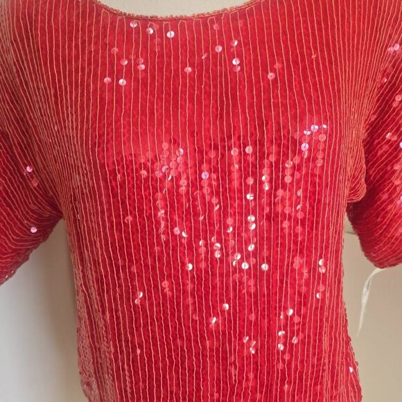 Vintage Jean for Joseph le Bon 100% Silk Red Sequin Short Slv. Blouse, NWT, S - Picture 2 of 10